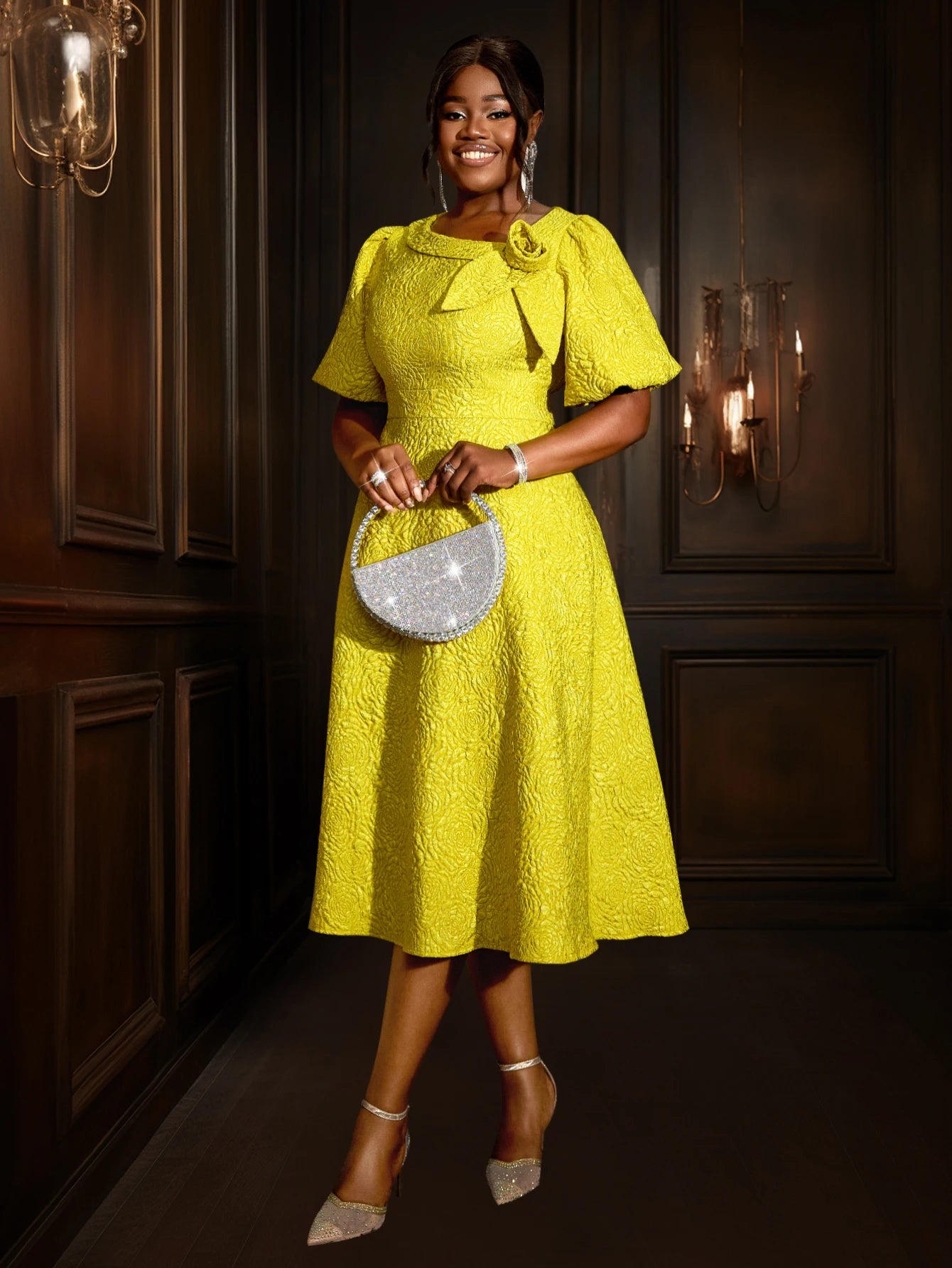 GoldenBloom Jacquard Midi Dress