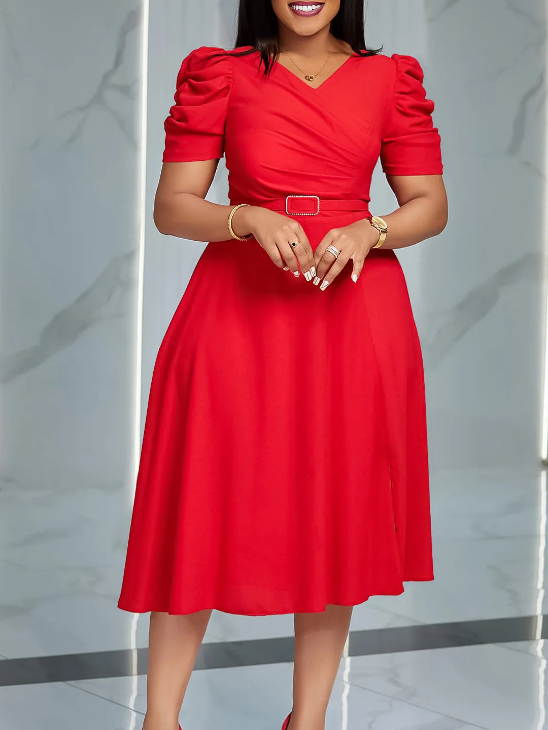 VividElegance Pleated V-Neck Dress
