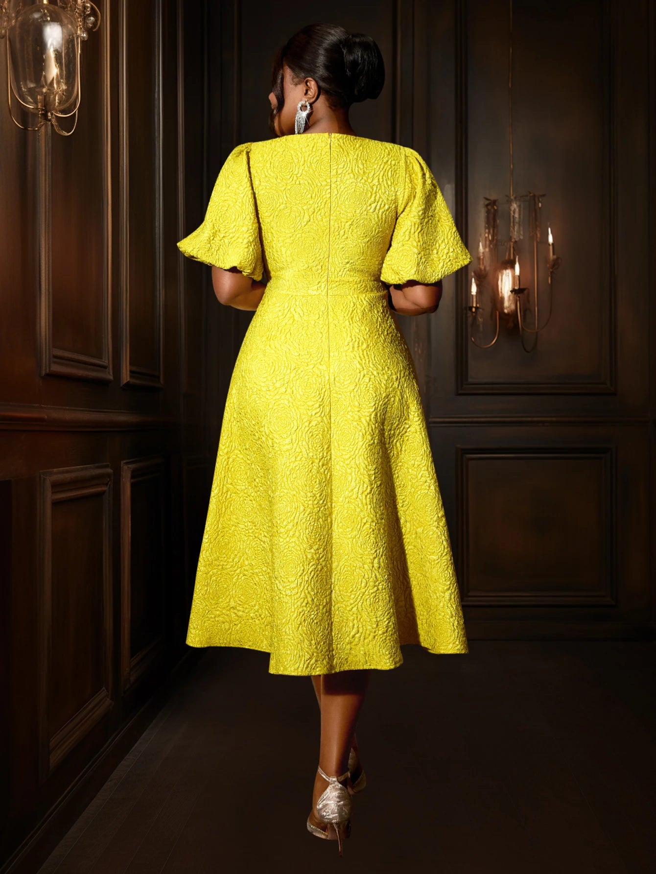 GoldenBloom Jacquard Midi Dress