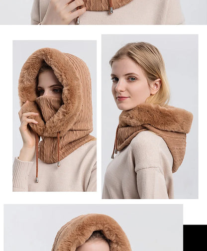 Ensemble de bonnet et masque en fourrure d'hiver à capuche pour femme, tricoté en cachemire, chaud, cagoule, ski, coupe-vent, bonnet épais en peluche, bonnet moelleux 