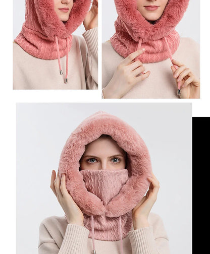 Ensemble de bonnet et masque en fourrure d'hiver à capuche pour femme, tricoté en cachemire, chaud, cagoule, ski, coupe-vent, bonnet épais en peluche, bonnet moelleux 