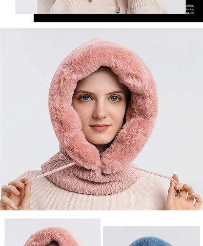 Ensemble de bonnet et masque en fourrure d'hiver à capuche pour femme, tricoté en cachemire, chaud, cagoule, ski, coupe-vent, bonnet épais en peluche, bonnet moelleux 