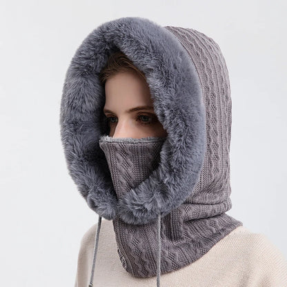 Ensemble de bonnet et masque en fourrure d'hiver à capuche pour femme, tricoté en cachemire, chaud, cagoule, ski, coupe-vent, bonnet épais en peluche, bonnet moelleux 