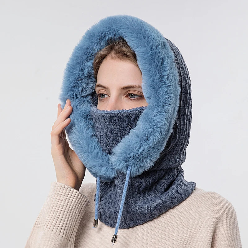 Ensemble de bonnet et masque en fourrure d'hiver à capuche pour femme, tricoté en cachemire, chaud, cagoule, ski, coupe-vent, bonnet épais en peluche, bonnet moelleux 