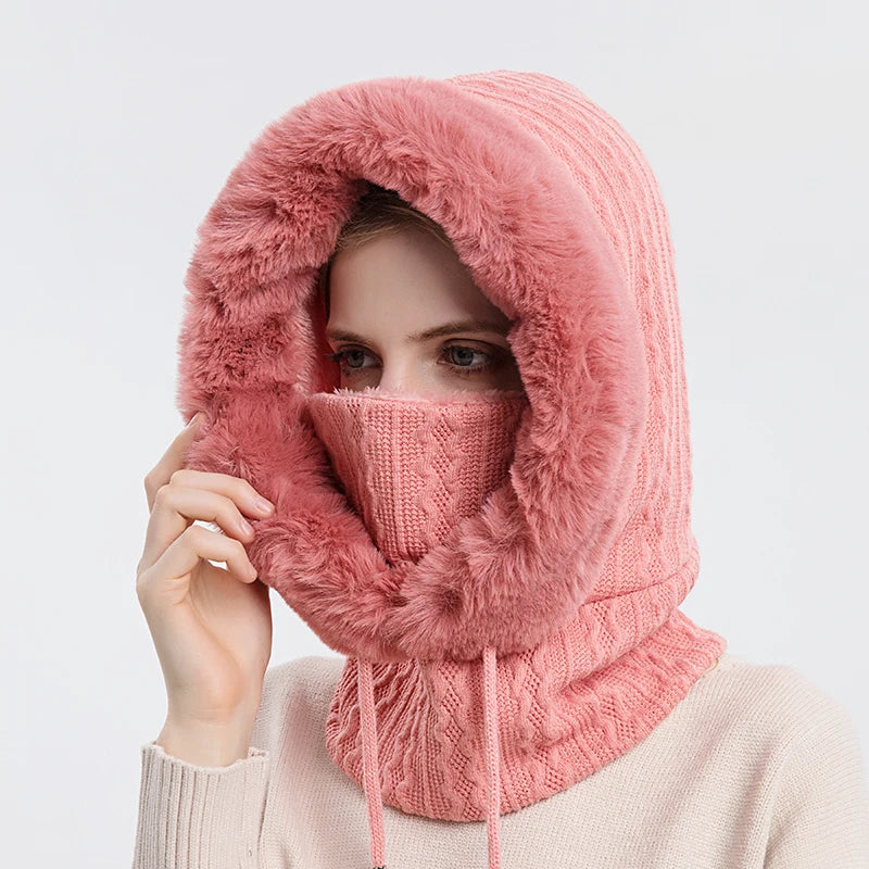 Ensemble de bonnet et masque en fourrure d'hiver à capuche pour femme, tricoté en cachemire, chaud, cagoule, ski, coupe-vent, bonnet épais en peluche, bonnet moelleux 