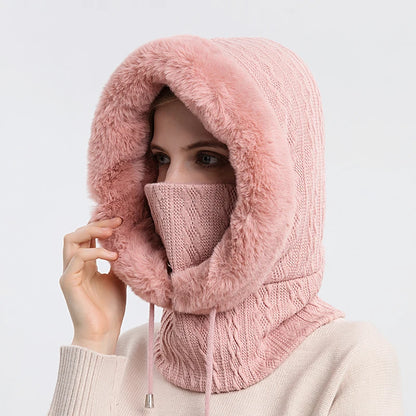 Ensemble de bonnet et masque en fourrure d'hiver à capuche pour femme, tricoté en cachemire, chaud, cagoule, ski, coupe-vent, bonnet épais en peluche, bonnet moelleux 